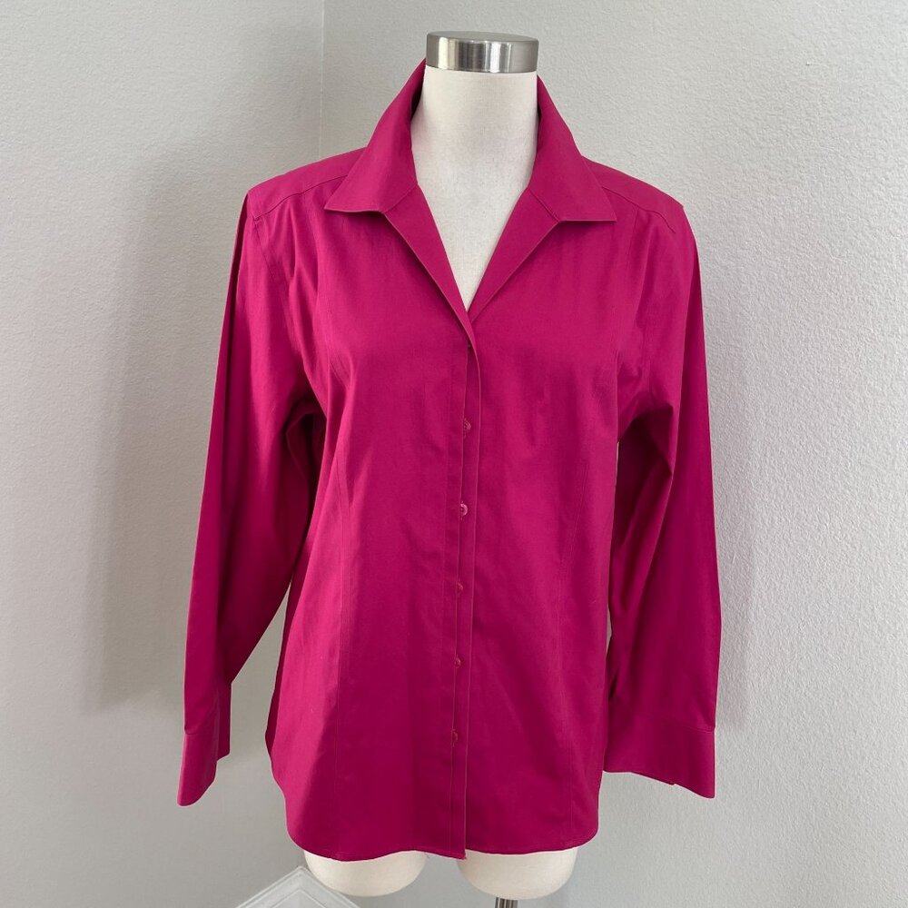 NEW Chicos Womens Large No Iron Button Up Shirt‎ Fuchsia Cotton Long Sleeve Top